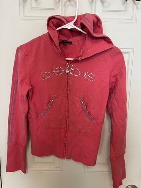 Bebe Women’s Pink Rhinestone Zip-Up Hoodie Jacket